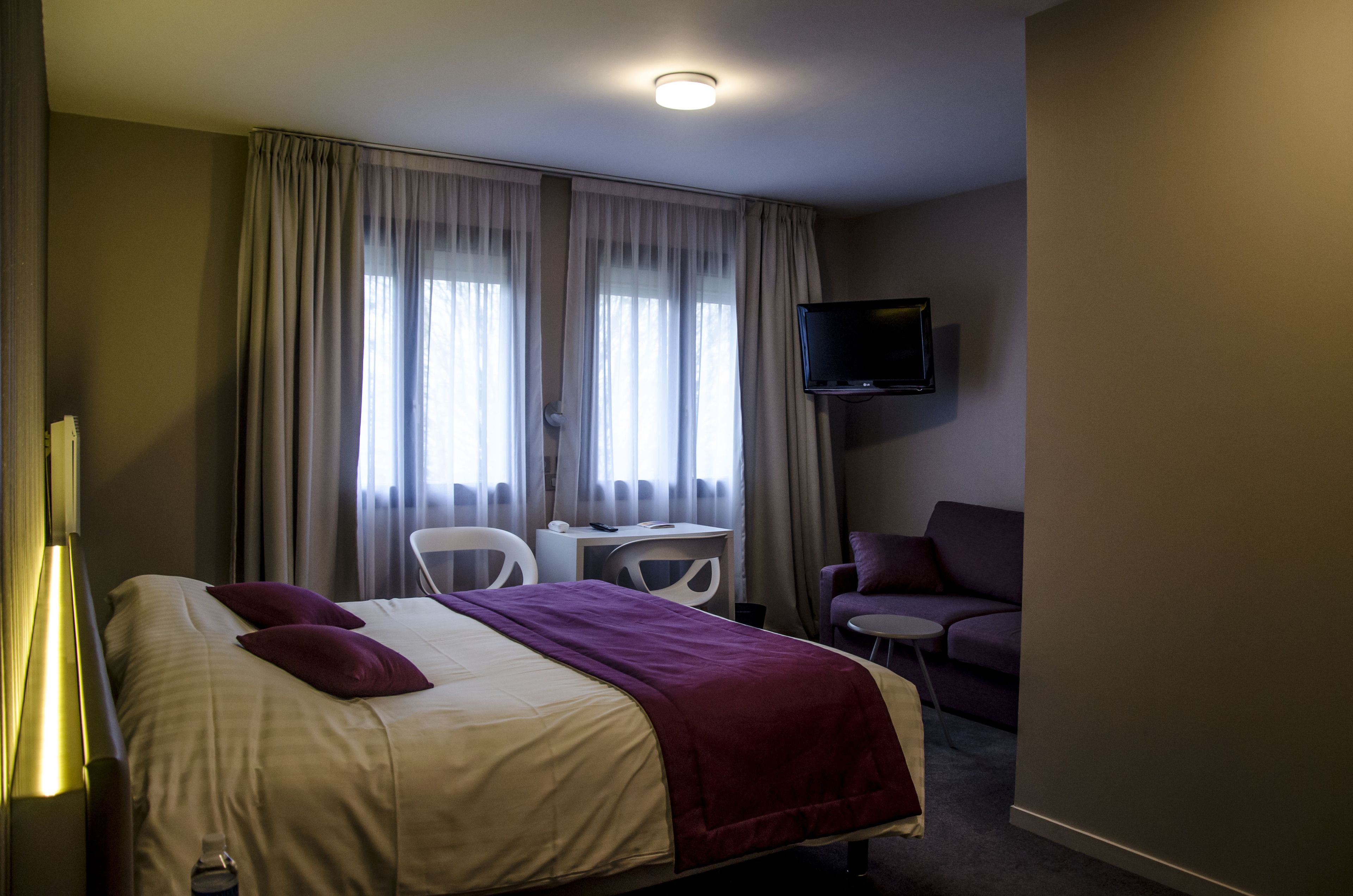 A hotel room with a bed, a desk, a chair, a television, and a couch.