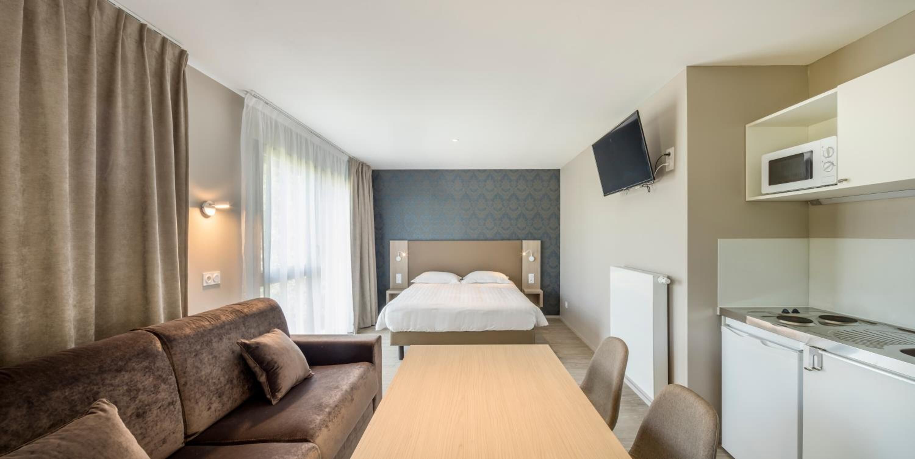 premium bedding, desk, blackout curtains, soundproofing