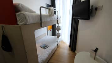 Desk, laptop workspace, blackout curtains, iron/ironing board