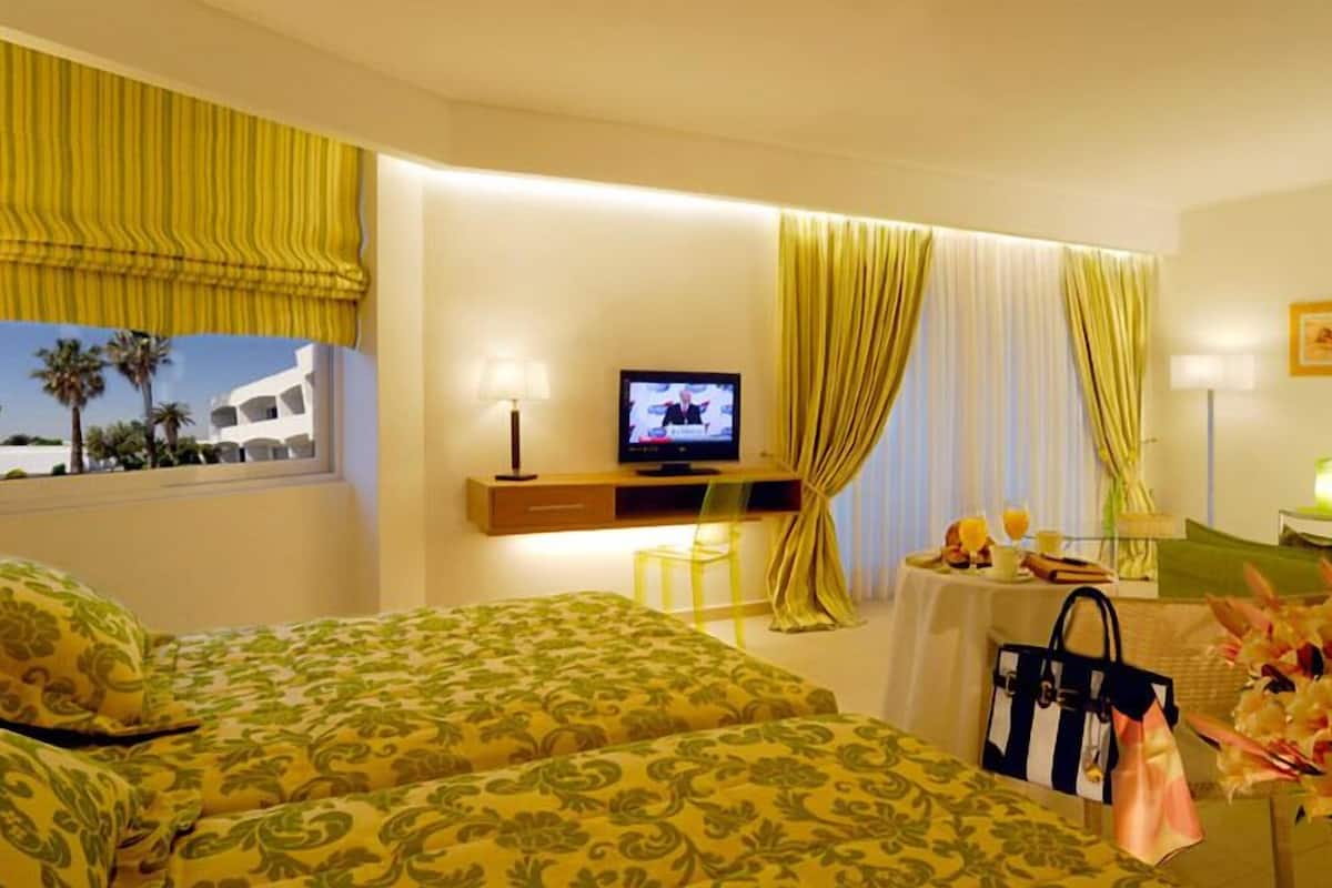 Quarto de hotel com duas camas, televisão, uma mesinha com abajur e vista para palmeiras.