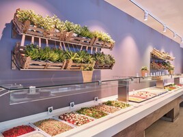 A buffet area with multiple salad and food trays, wooden plant shelves, and a glass railing.