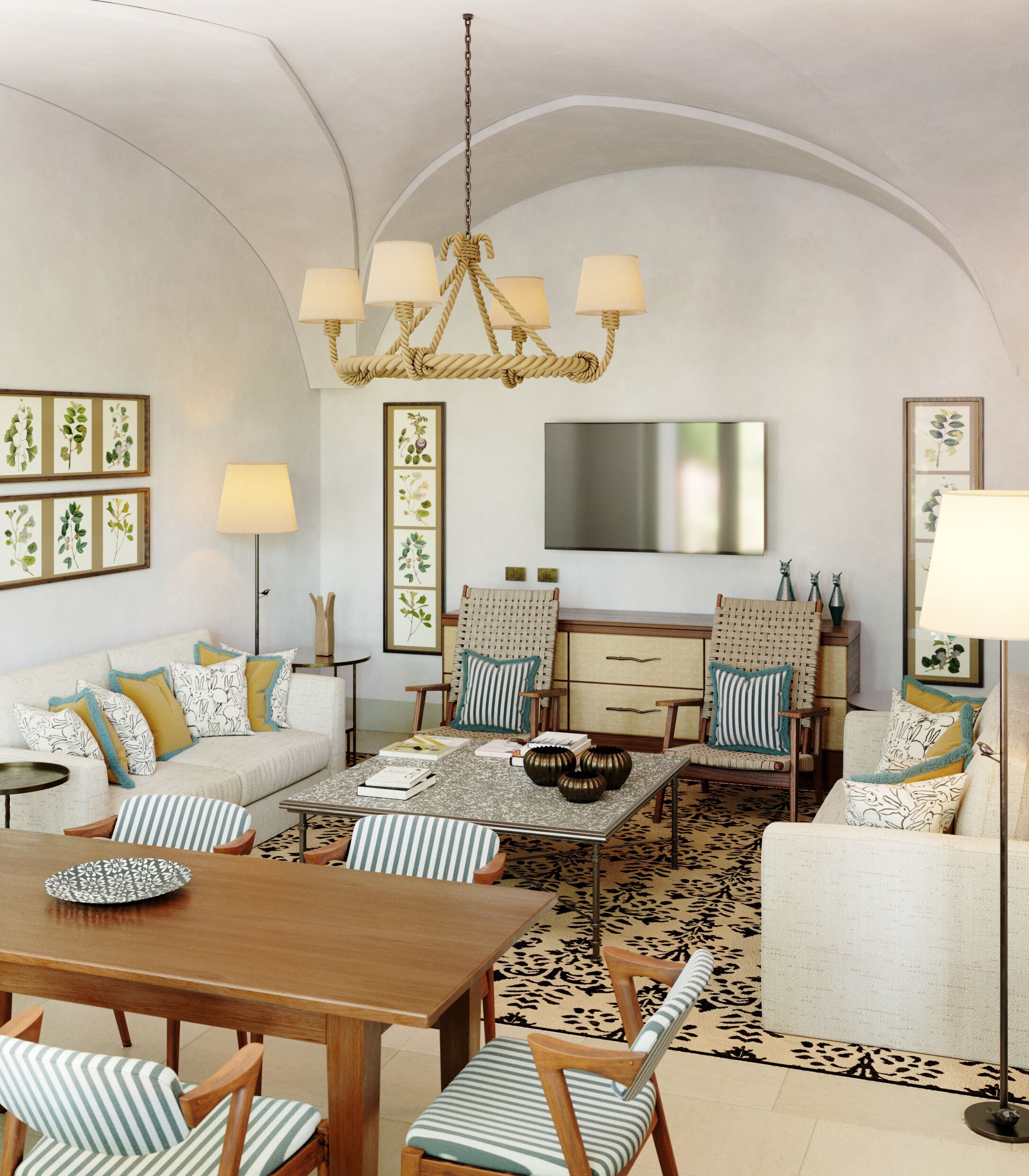 A modern living room with a dining area, featuring a chandelier, sofas, chairs, and artwork on the walls.