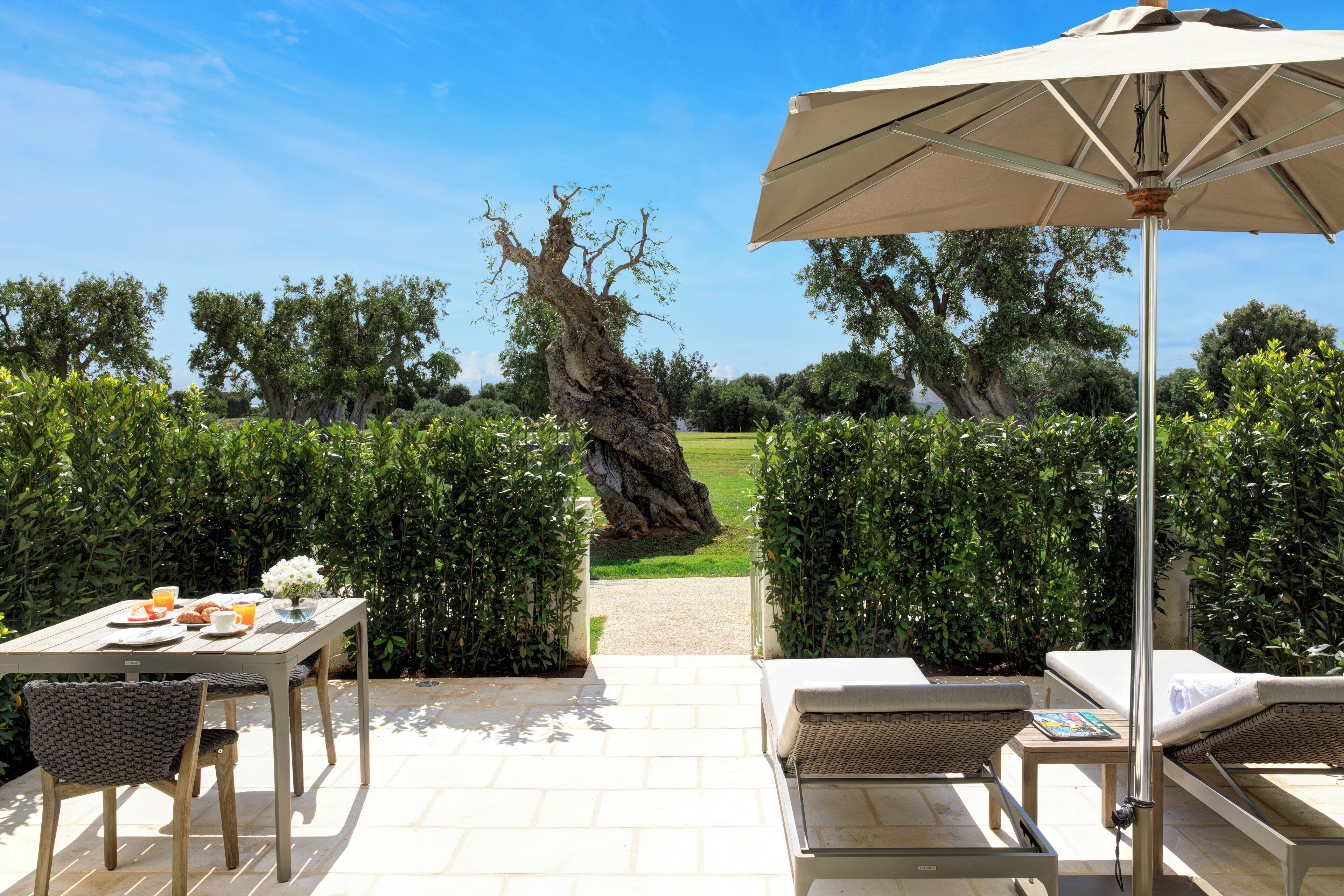Een terras met een ontbijttafel, lounge stoelen en een grote parasol.