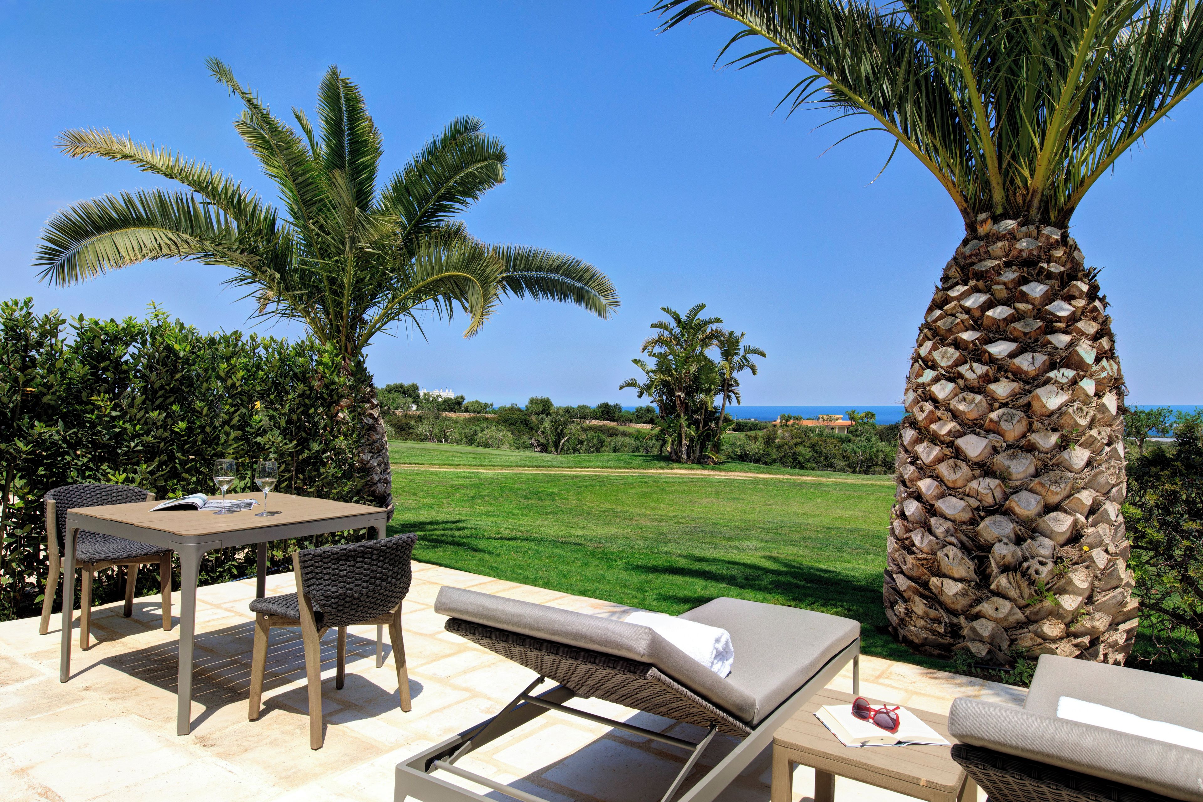 A patio with a table and chairs, a lounge chair, and a palm tree.