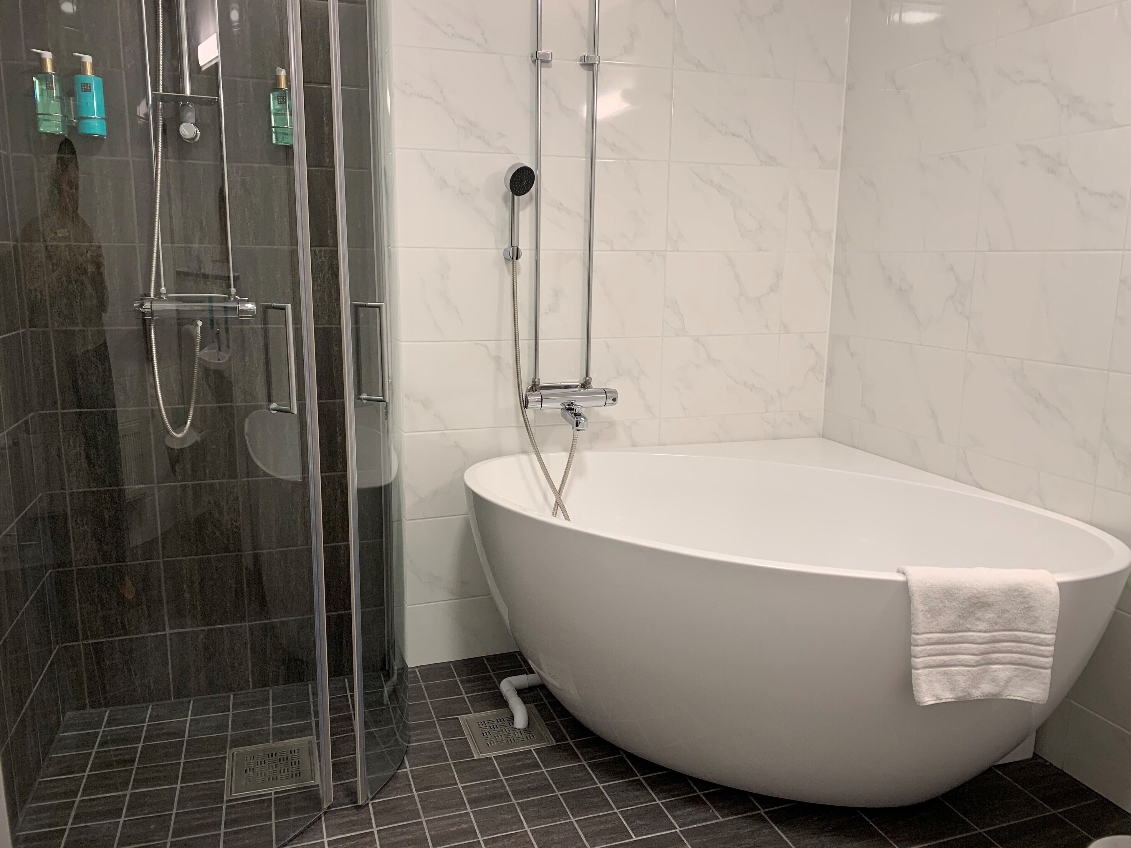 shower, free toiletries, hair dryer, towels