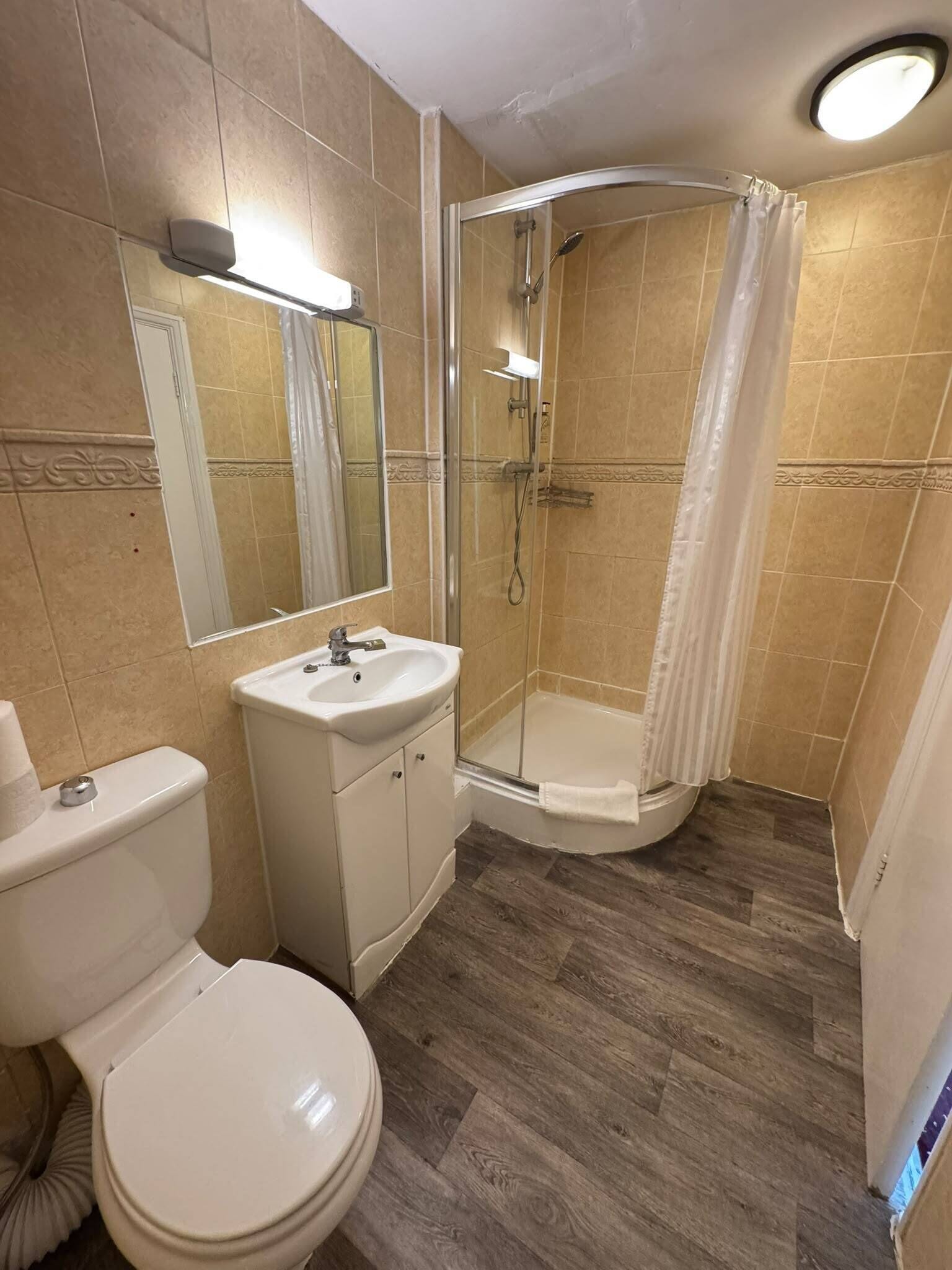 Un bagno con il water, un lavabo e una zona doccia.