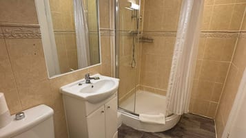 Un bagno con il water, un lavabo e una zona doccia.