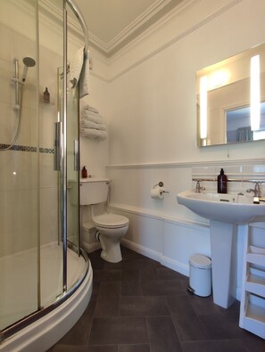 Une salle de bain moderne avec une douche à parois de verre, des toilettes, un lavabo et un miroir.