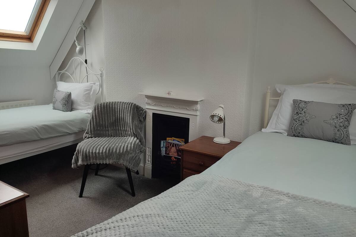 Une chambre avec deux lits, une chaise, une table de chevet, une lampe et une cheminée.