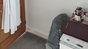 Une pièce avec une porte en bois, une robe blanche accrochée à la porte, un porte-manteau avec des cintres, un lit recouvert d’une couverture verte et une boîte marron étiquetée « Informations pour les clients ».