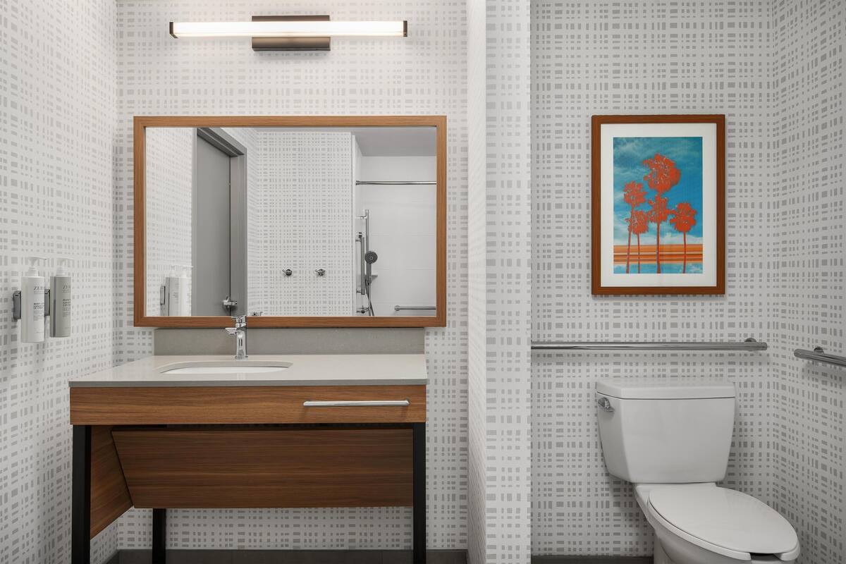 Combined shower/tub, free toiletries, hair dryer, towels