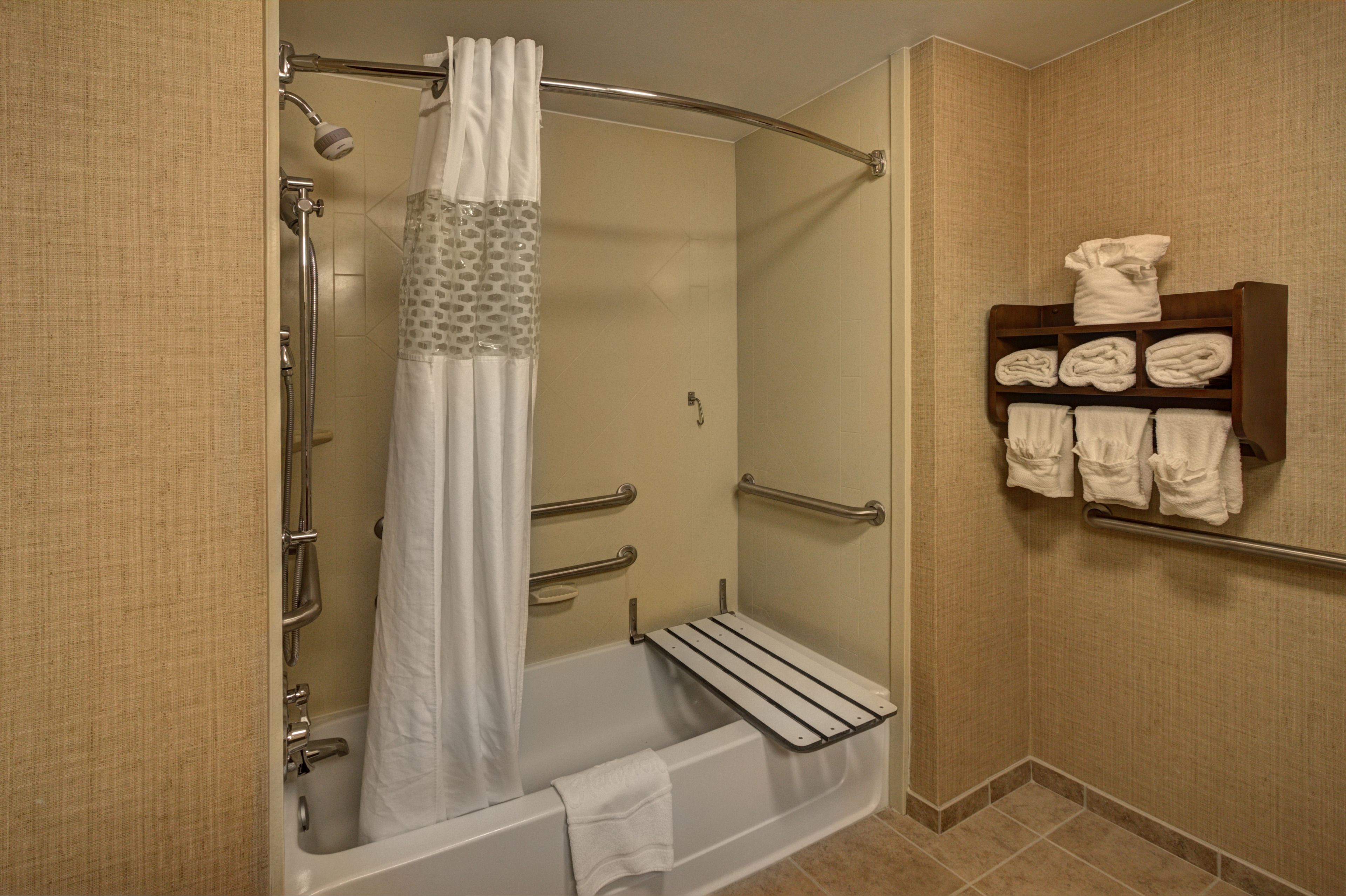 combined shower/bathtub, free toiletries, hair dryer, towels