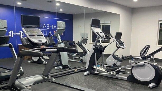 A gym with treadmills, stationary bikes, and elliptical machines.