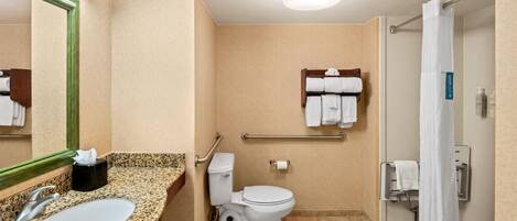 A bathroom with a sink, toilet, and shower area.