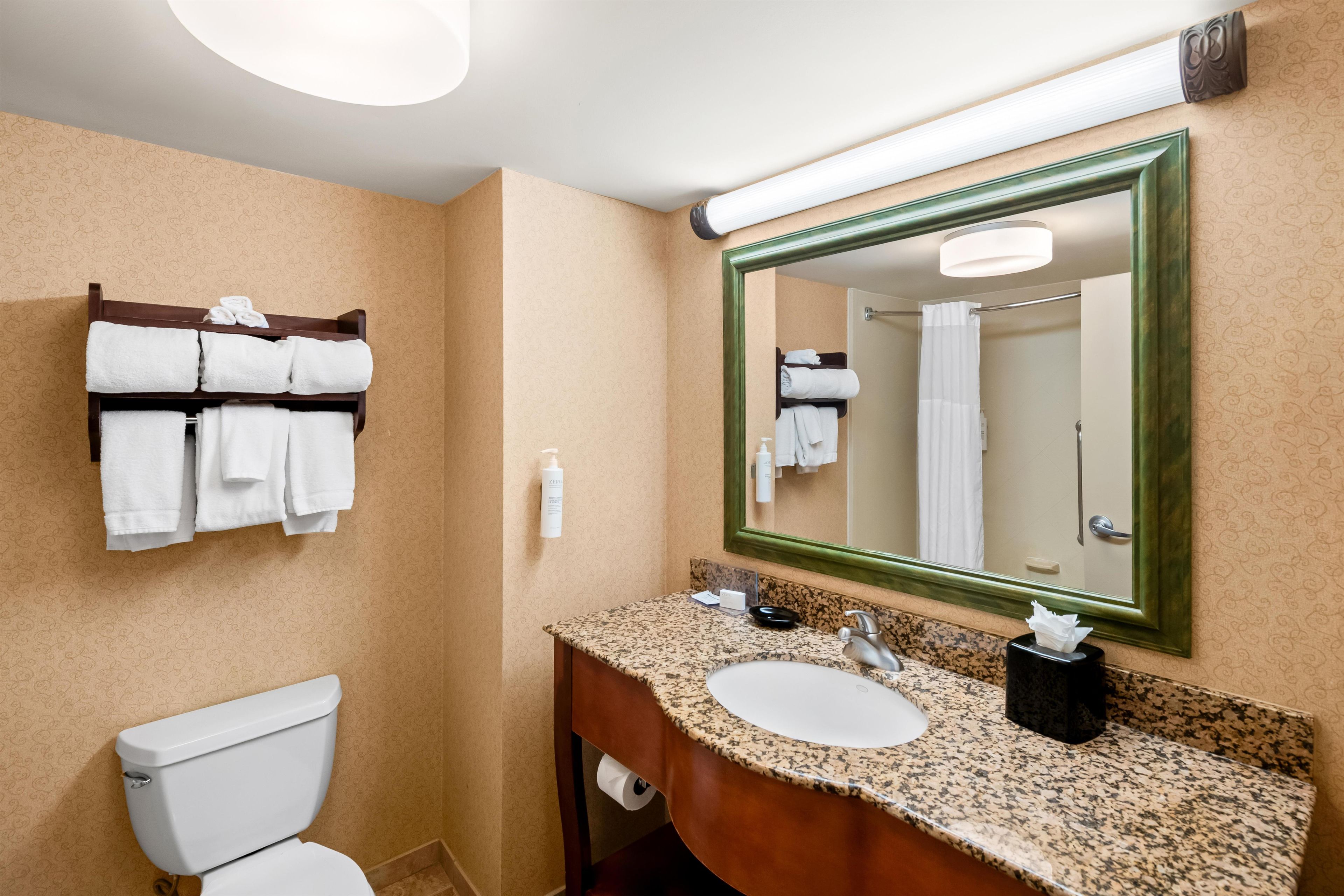 Un bagno d'albergo con il water, un lavandino e uno specchio grande.
