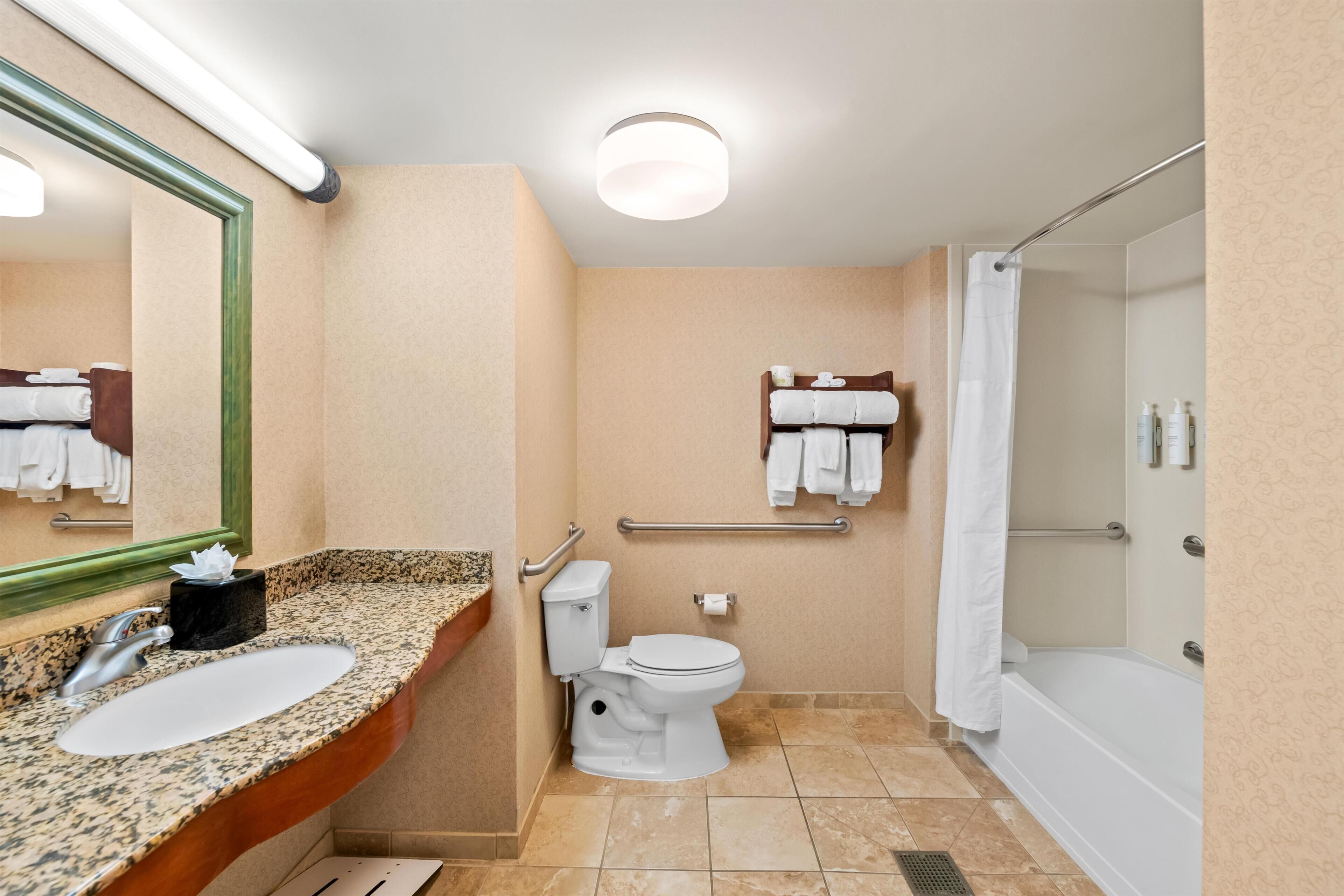Un baño con lavamanos, inodoro y ducha.