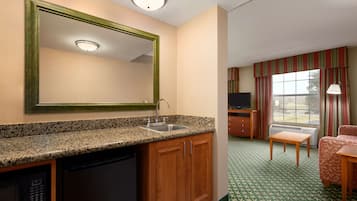 Premium bedding, desk, laptop workspace, blackout curtains