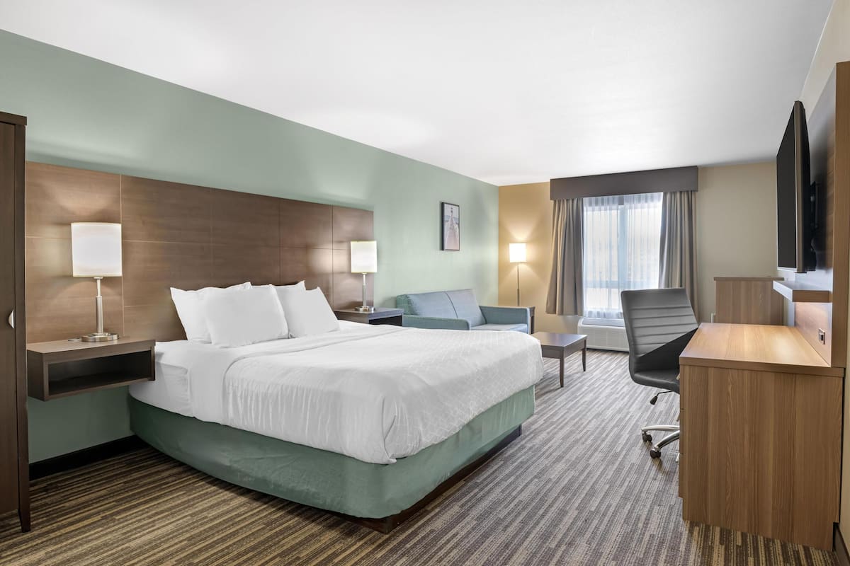 Hotelkamer met een groot bed, een bureau, een stoel, een televisie en een raam met gordijnen.