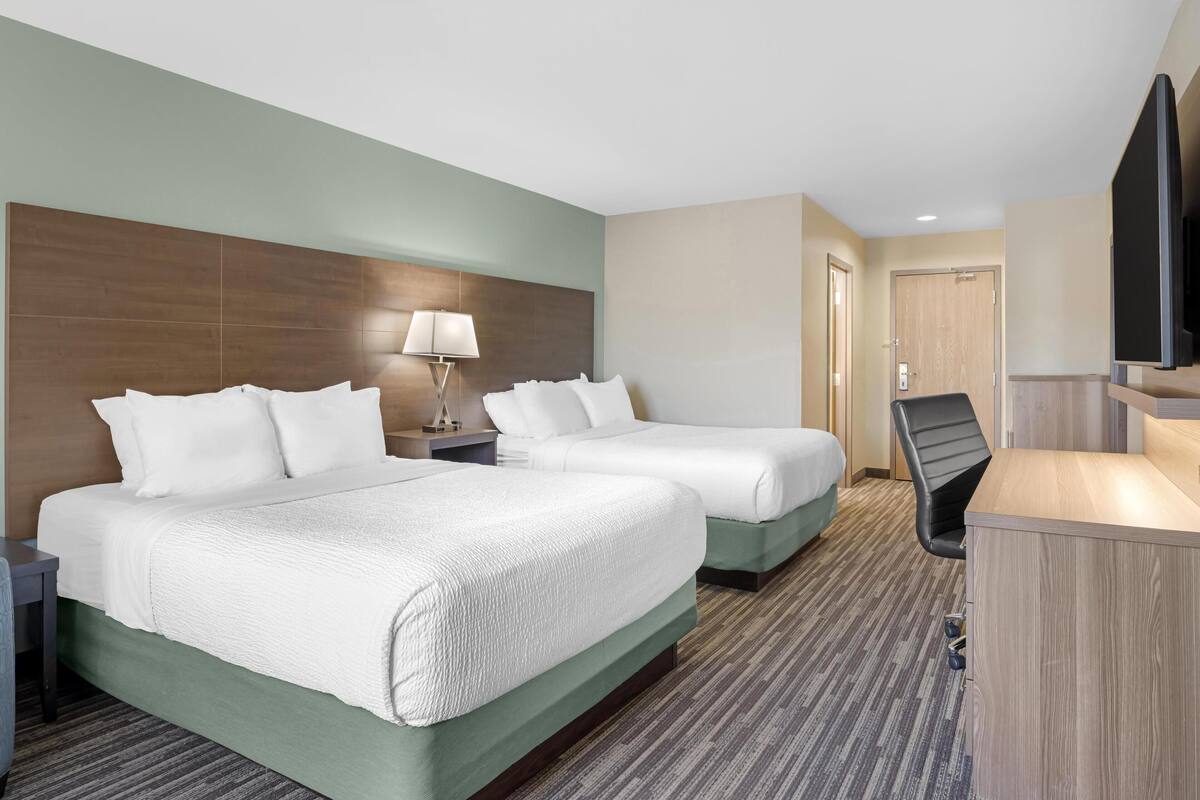 Een hotelkamer met twee bedden, een bureau, een stoel, een televisie en een lamp.