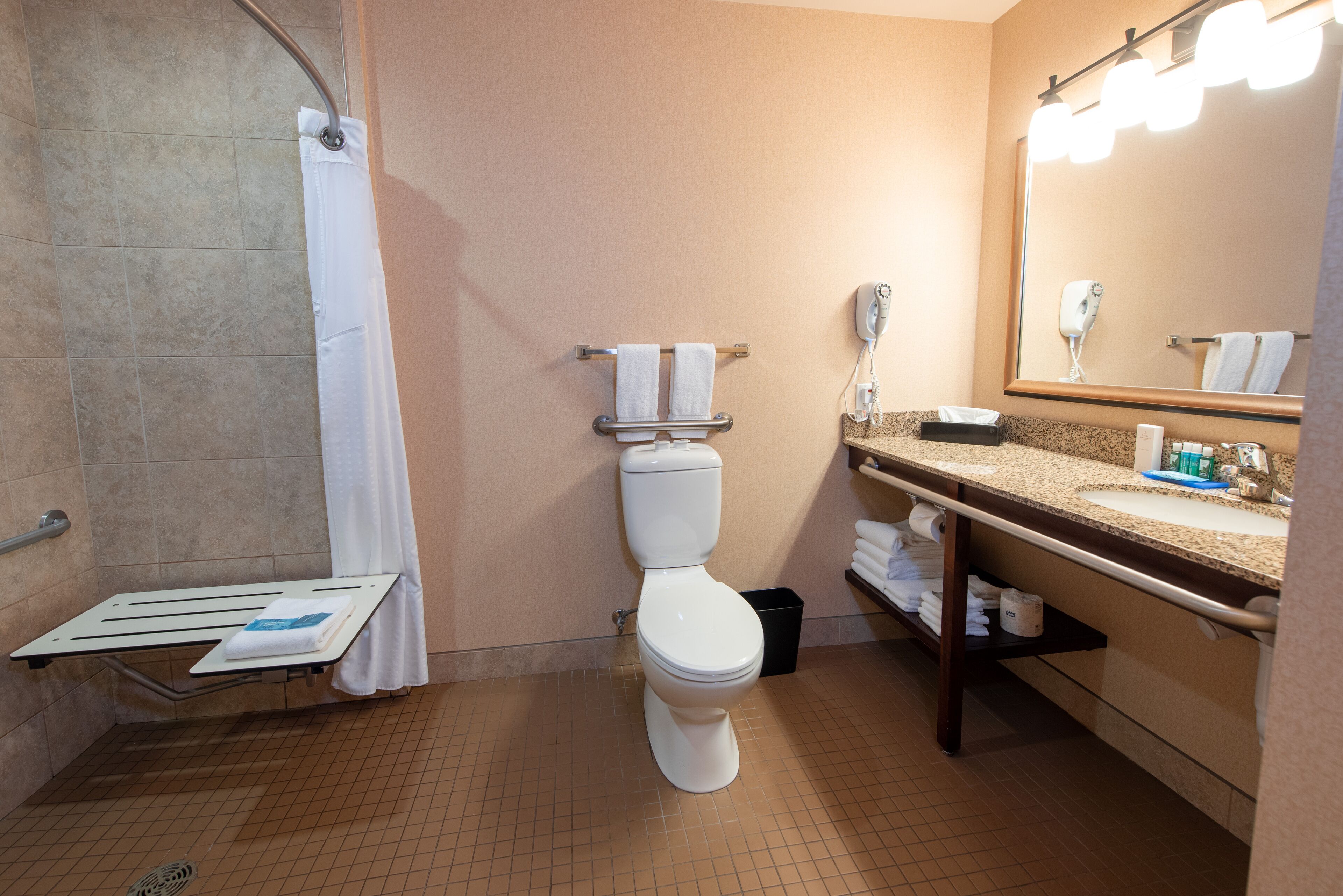 combined shower/bathtub, rainfall showerhead, free toiletries