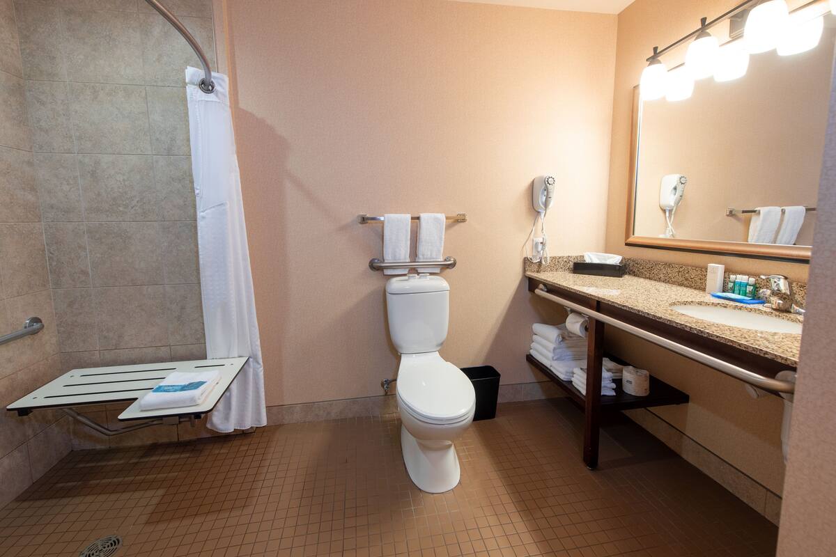 combined shower/bathtub, rainfall showerhead, free toiletries