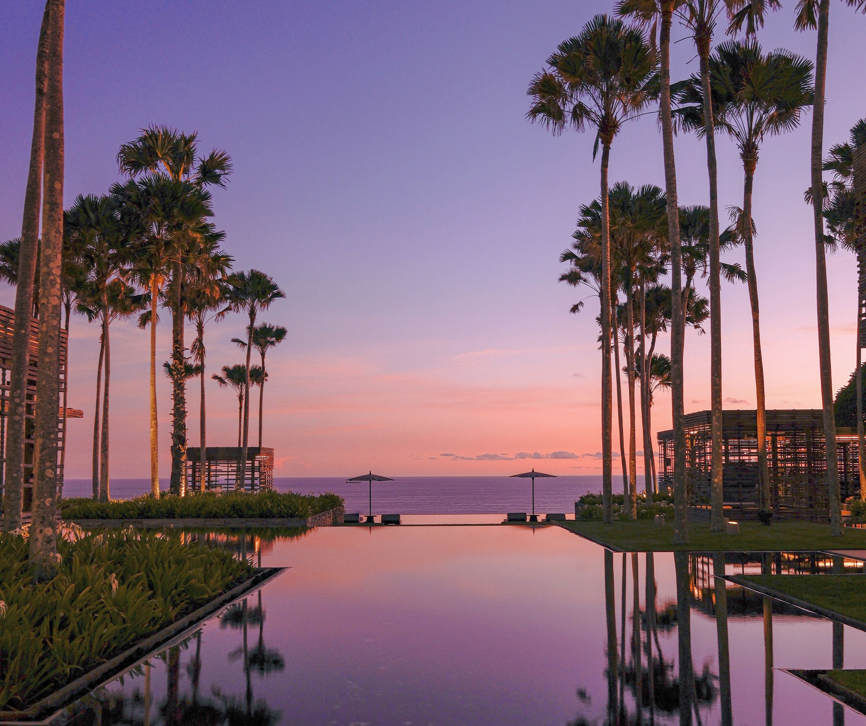A serene infinity pool with palm trees and a view of the ocean at dusk.