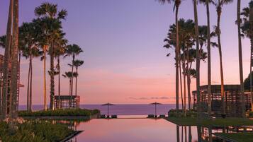 A serene infinity pool with palm trees and a view of the ocean at dusk.