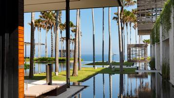 A modern outdoor pool area with a clear view of the ocean, surrounded by tall palm trees and a contemporary building structure.