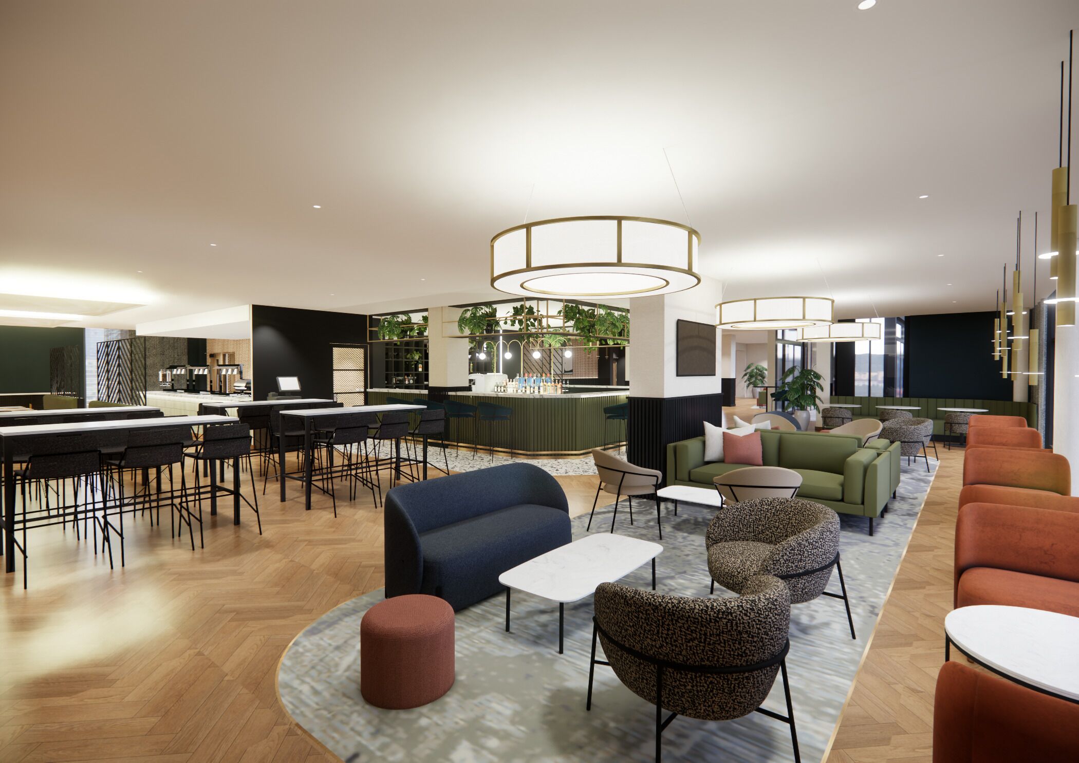 Un área de estar moderna con un bar, asientos y una cocina al fondo.