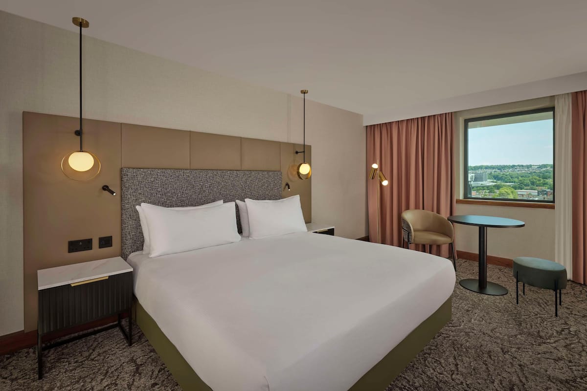 A hotel room with a large bed, a nightstand, a chair, a small table, and a view of the city.