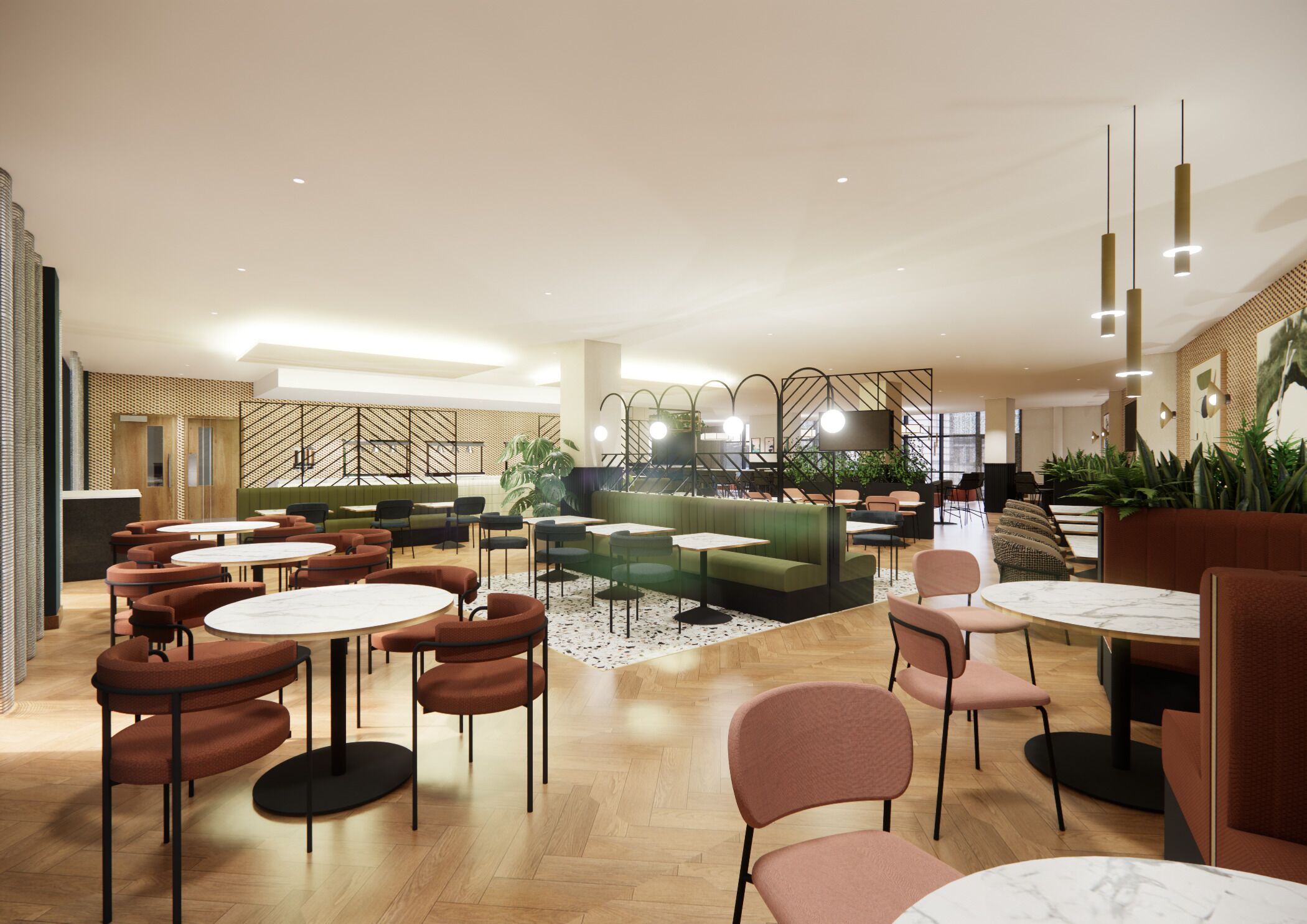 Un espace de détente moderne avec des tables rondes et des canapés, un mur orné de motifs et un escalier.