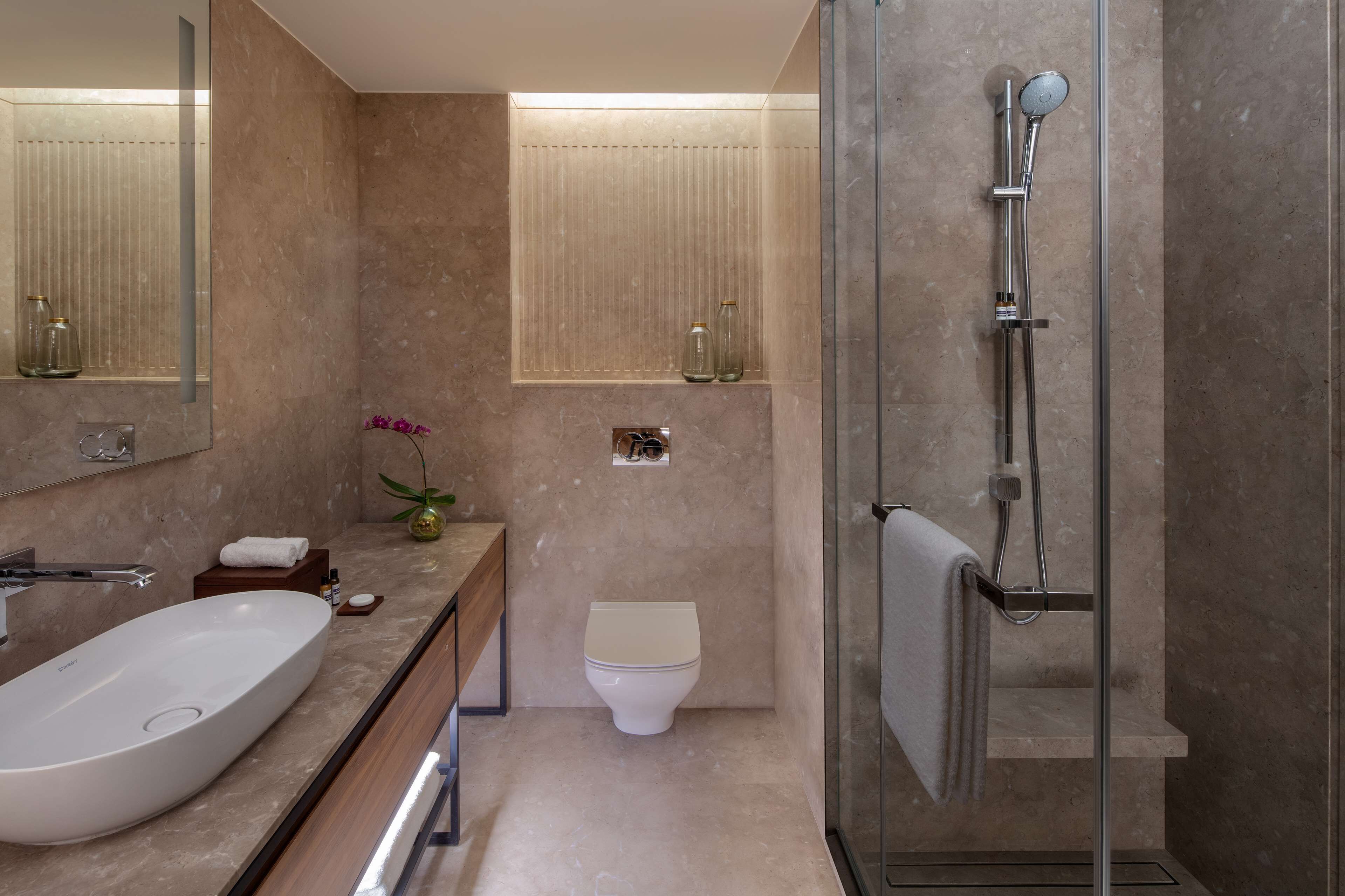 A modern bathroom with a large oval sink, a toilet, a glass-enclosed shower, and a mirror above the sink.