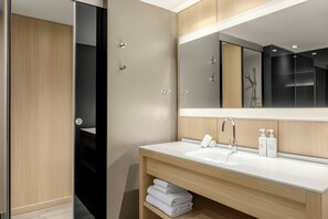 Combined shower/bathtub, free toiletries, hair dryer, towels
