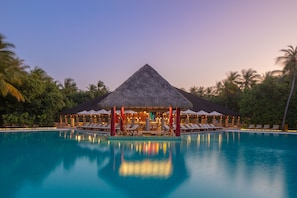 Outdoor pool, open 9:00 AM to 7:00 PM, pool umbrellas, pool loungers