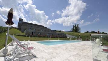 Utomhuspool, parasoller och solstolar