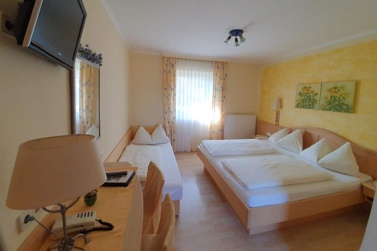 A hotel room with a bed, a desk, a chair, a TV, and a ceiling fan.