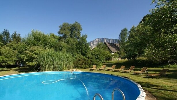 Ein Schwimmbecken mit einer Steindeck und einer Metallleiter, umgeben von grünen Bäumen und einem Berg im Hintergrund.