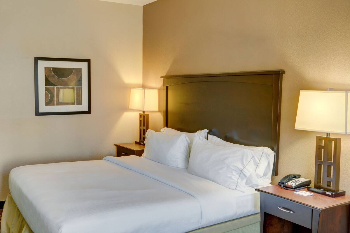 A hotel room with a bed, bedside tables, lamps, and a framed picture on the wall.