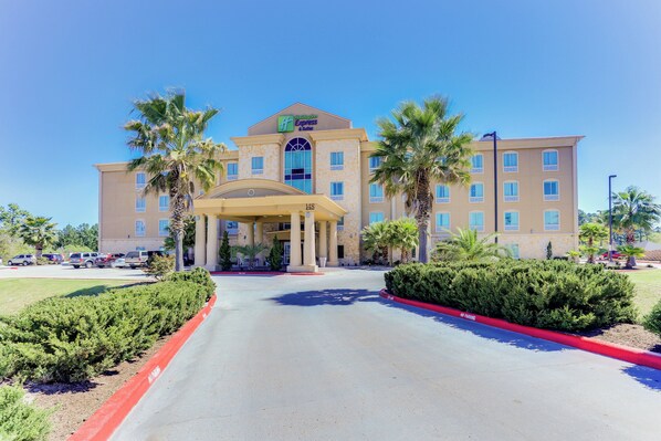 A Holiday Inn Express & Suites hotel with a central entrance, palm trees, and a parking lot.