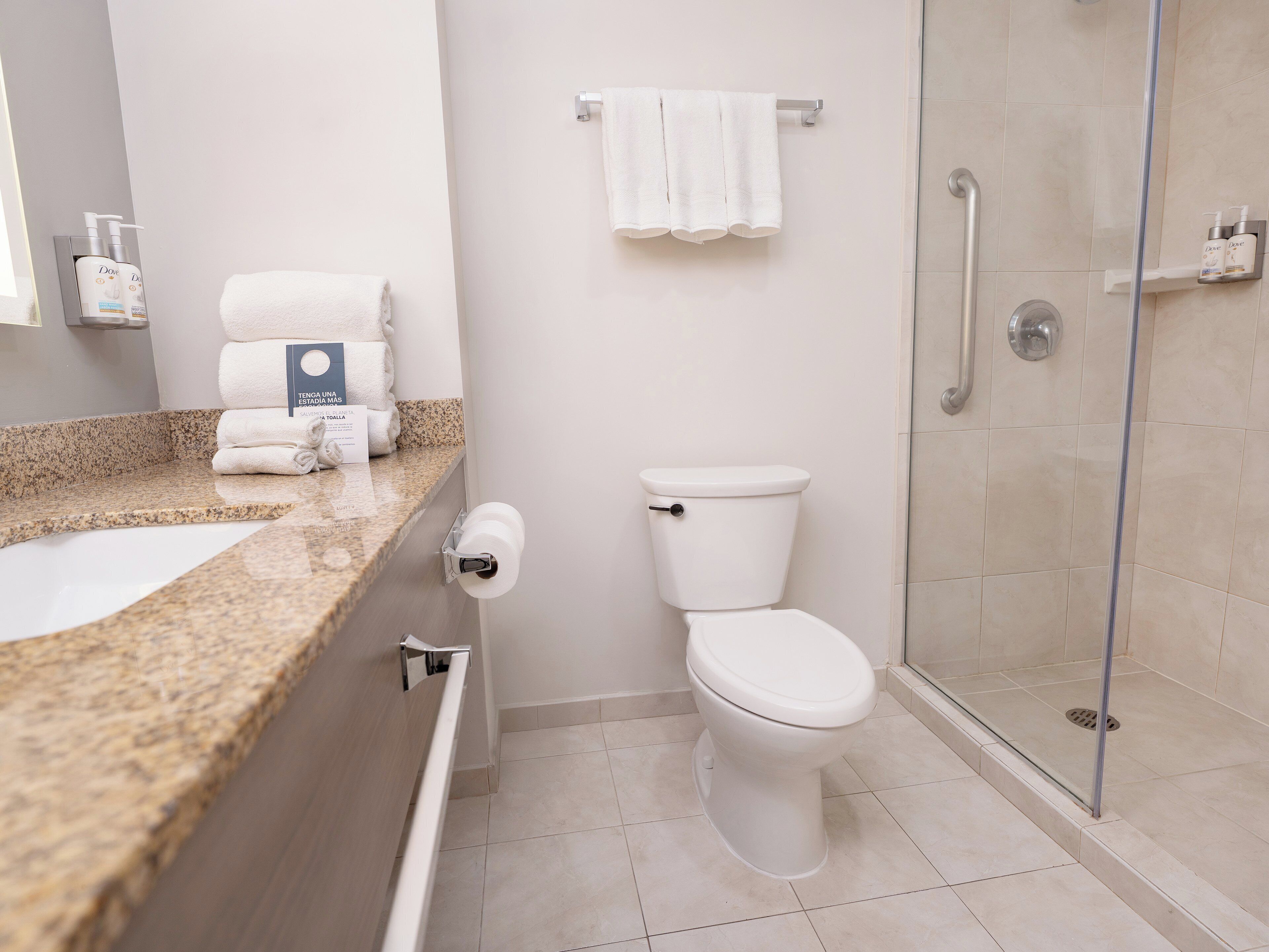 A bathroom with a toilet, a sink, and a shower area.
