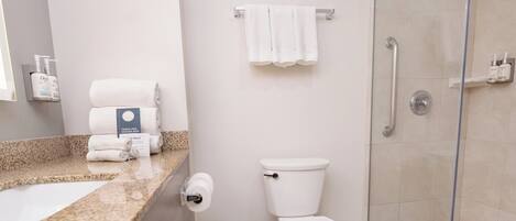 A bathroom with a toilet, a sink, and a shower area.