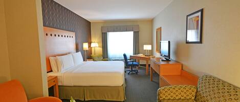 A hotel room with a bed, desk, chair, and a sofa.