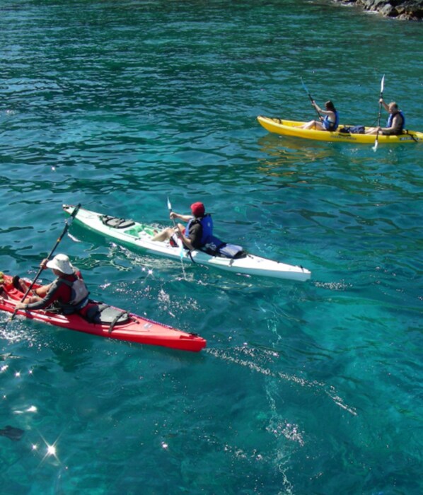 Trois kayaks sur une étendue d’eau calme.