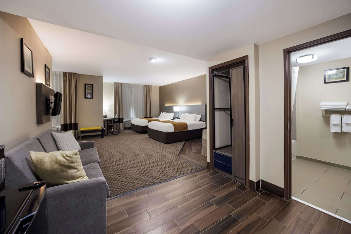Une chambre d’hôtel avec un canapé, un lit, un bureau et une salle de bain.