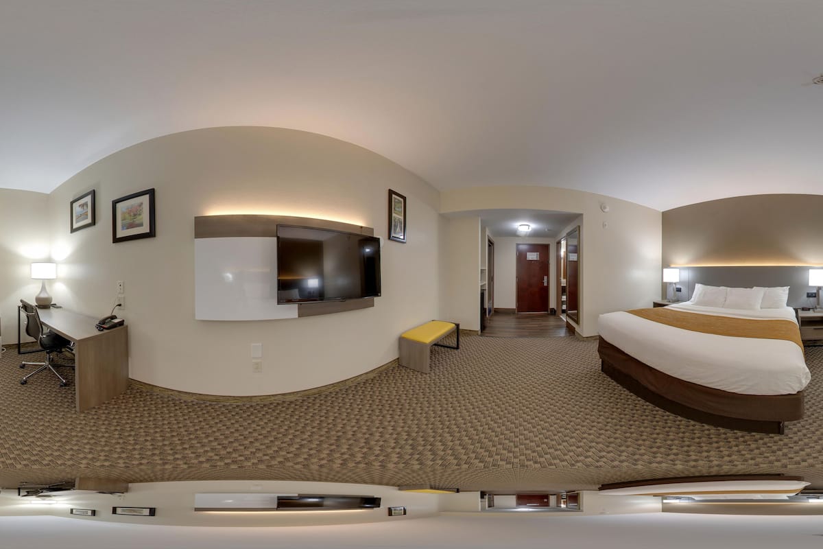 Vue panoramique d’une chambre d’hôtel avec un lit, un bureau, une chaise, une télévision et une table de chevet.