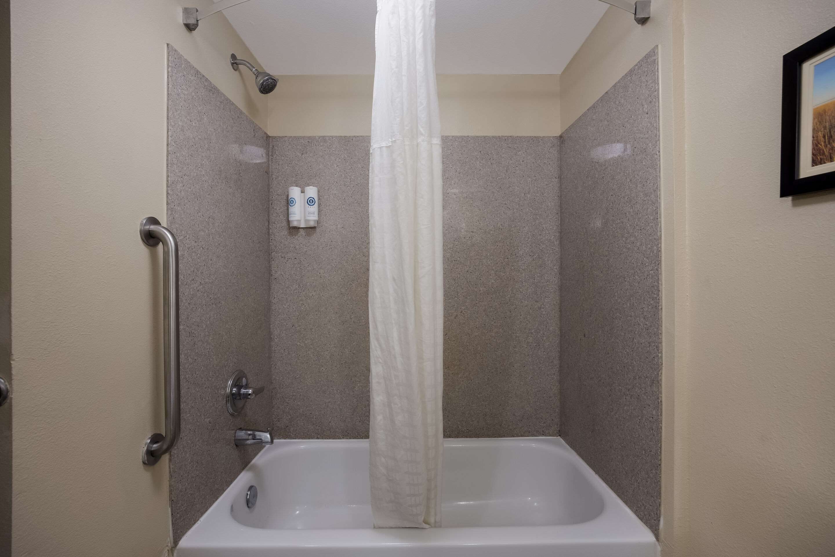 Ein Badezimmer mit einer Badewanne, einer Dusche und einer Haltestange.