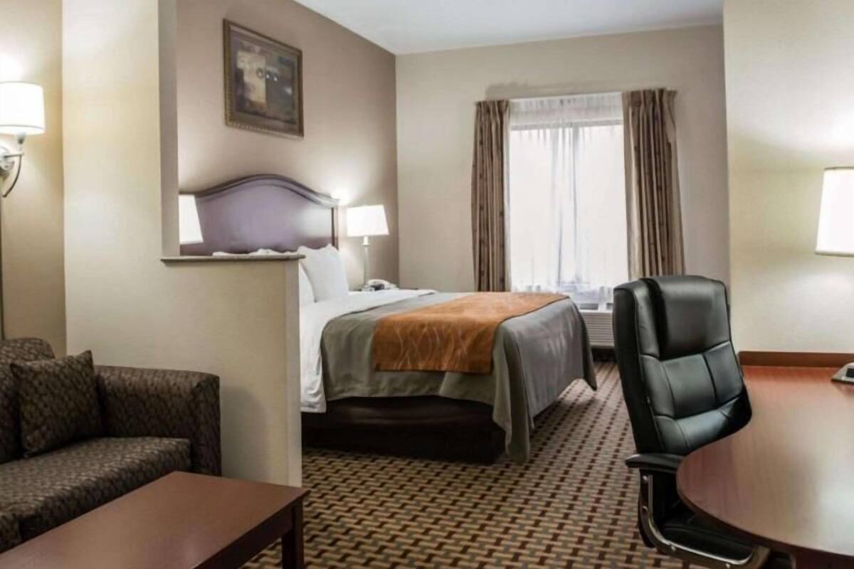 Une chambre d’hôtel avec un lit, un bureau, une chaise, un canapé, une fenêtre avec des rideaux et un tableau au mur.