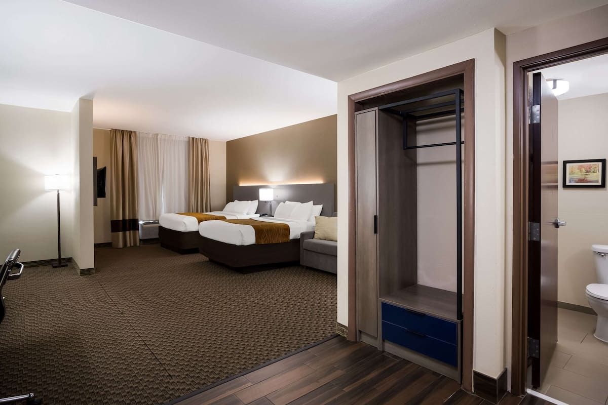 Une chambre d’hôtel comprenant un lit, un bureau, une chaise, une lampe, ainsi qu’une salle de bain avec des toilettes et une douche.