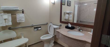 Une salle de bain équipée de toilettes, d’un lavabo et de barres d’appui. On y trouve des serviettes sur un porte-serviettes et un miroir au-dessus du lavabo.