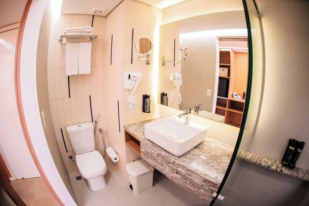 shower, free toiletries, hair dryer, towels